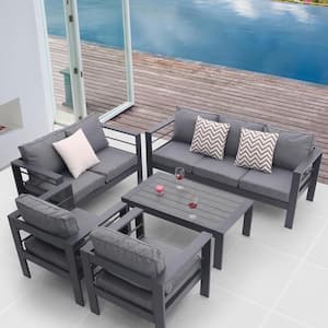 5-Piece Grey Aluminum Patio Conversation Set with Grey Cushions, Tempered Glass Coffee Table for Courtyard, Deck