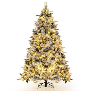 7 ft.Green and White Pre-Lit Flocked Christmas Tree with 250 Warm White LED Lights and 752 Mixed Branch Tips