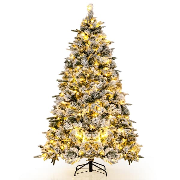 ANGELES HOME 7 ft.Green and White Pre-Lit Flocked Christmas Tree with 250 Warm White LED Lights and 752 Mixed Branch Tips