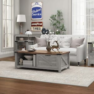 46 in. Distressed Grey Rectangle Particle Board Farmhouse Coffee Table with Storage and Drawer, Open Shelf, Gray