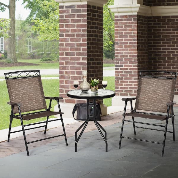 Black 3-Piece Metal Round Outdoor Bistro Set Patio Pub Dining Set with 2 Folding Chairs & Glass Table