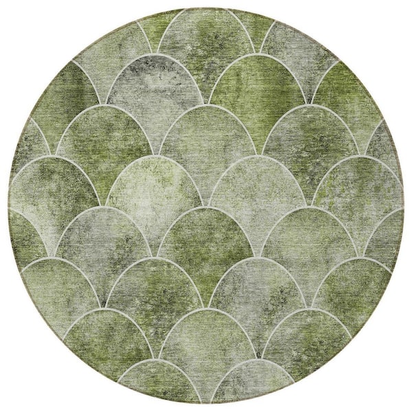 Green, Ivory 8 ft.  RoundWoven Abstract Polyester Round Indoor / Outdoor Area Rug