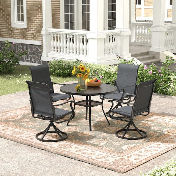 Zeus & Ruta 5-Piece Metal Outdoor Dining Set with Swivel Dining Chairs and 41 in. Patio Round Table Storage Shelf