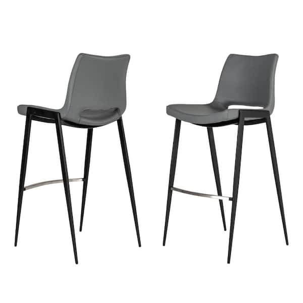 Benjara 30 in. Gray and Black Low Back Metal Frame Bar Stool with Leather Seat (Set of 2)