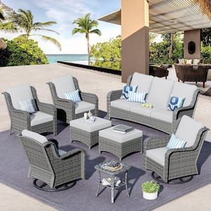 Grinnell Grey 8-Piece Wicker Outdoor Patio Conversation Sofa Set with Swivel Rocking Chairs and Light Grey Cushions
