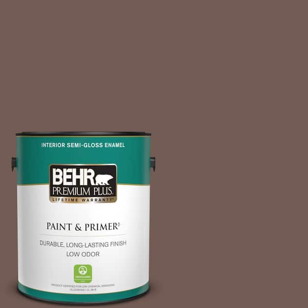 BEHR PREMIUM PLUS 1 gal. #220F-7 Yorkshire Brown Semi-Gloss Enamel Low Odor Interior Paint & Primer