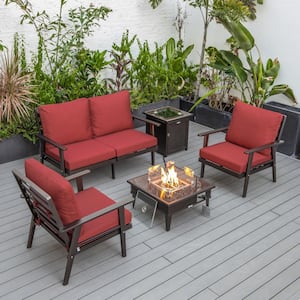 Walbrooke Brown 5-Piece Aluminum Square Patio Fire Pit Set with Red Cushions, Slats Design and Tank Holder