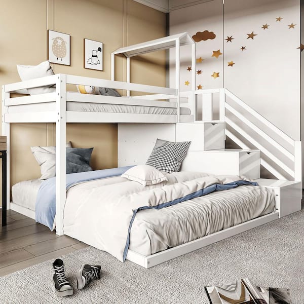 Qualler White Twin Over Full Roof Bunk Bed With Staircase And Shelves ...