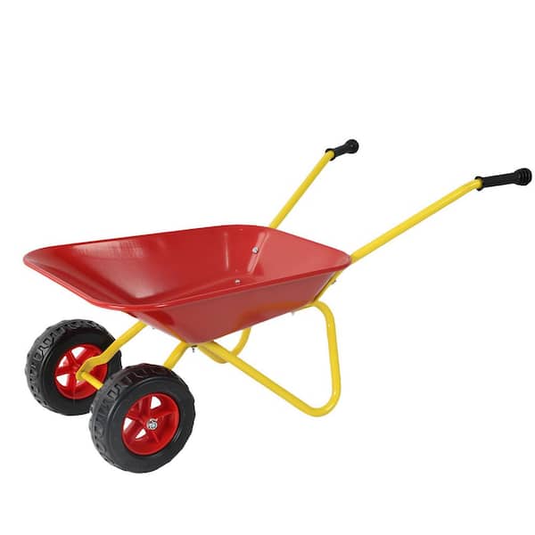 Kids Heavy-Duty Garden Serving Cart-Red Steel Trolley for Soil, Sand and Leaves