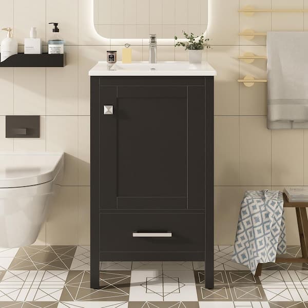 FAMYYT 20 in. W Freestanding Black Solid Wood Frame Bath Vanity Cabinet with White Ceramic Top, Adjustable Foot Pads
