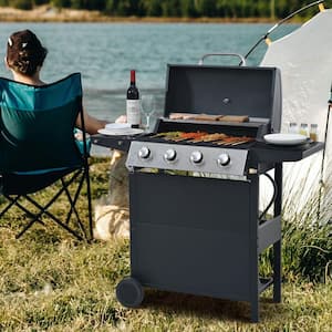 34000 BTU, 4-Burner Portable Propane Gas Grill with 2-Shelves, Lid, Wheels and Bottle Opener in Stainless Steel
