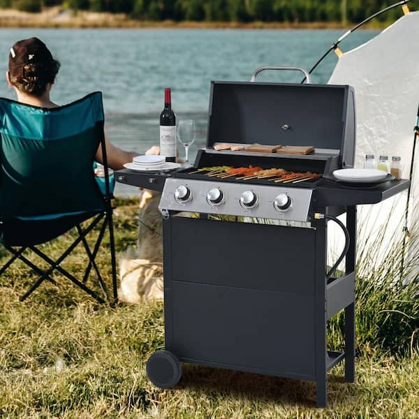 34000 BTU, 4-Burner Portable Propane Gas Grill with 2-Shelves, Lid, Wheels and Bottle Opener in Stainless Steel