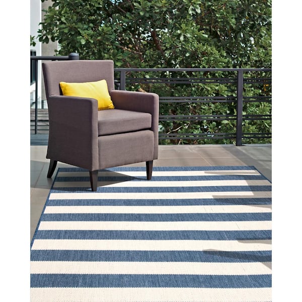 Haylie Chevron Striped Blue 6 ft. x 9 ft. Indoor/Outdoor Patio Area Rug