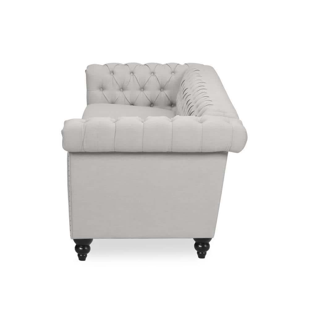 Elegant Gray Faux Leather Tufted Chesterfield Sofa with Nailhead Accents