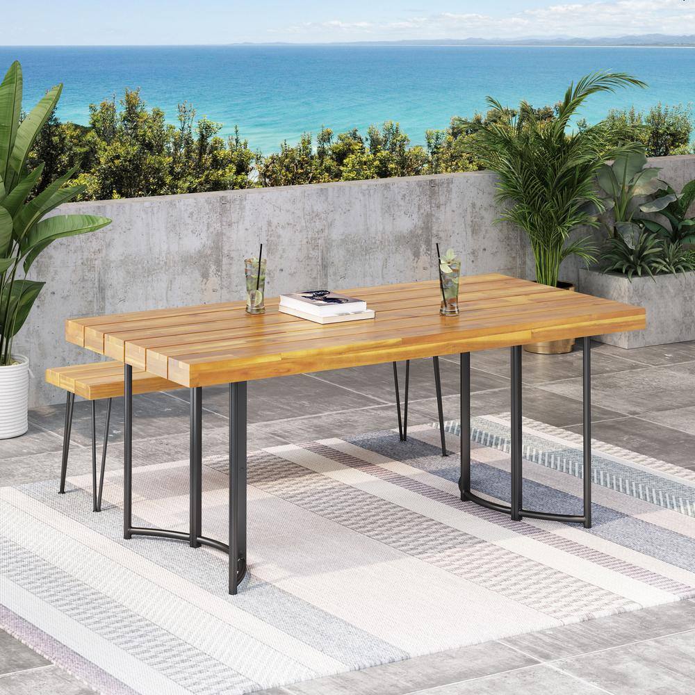 Elegant Teak and Black Acacia Wood 72" Outdoor Dining Table