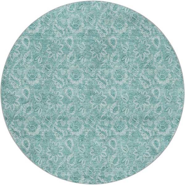 Dream Shag Premium Machine Washable Abstract ADS662 Teal 8 ft. x 8 ft. Round Rug