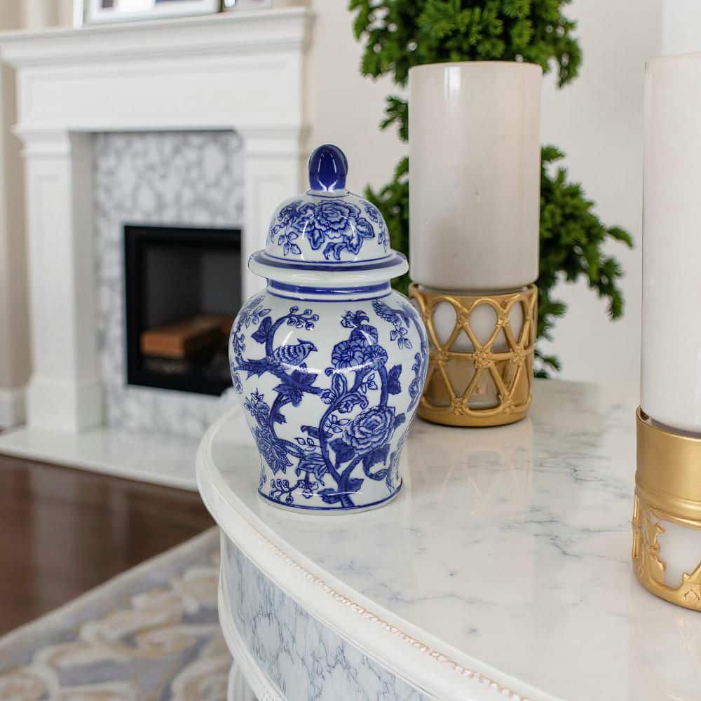 Liv & Skye 10 in. White and Blue Chinoiserie Floral Temple Jar 15735-05