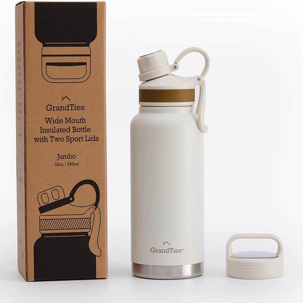 Ivory White 32 oz Double Wall Insulated Stainless Steel Water Bottle with Two Lids