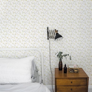 Delicate Floral Trail Yellow/Grey on White Matte Finish Non-Woven Paper Non-Pasted Wallpaper Roll