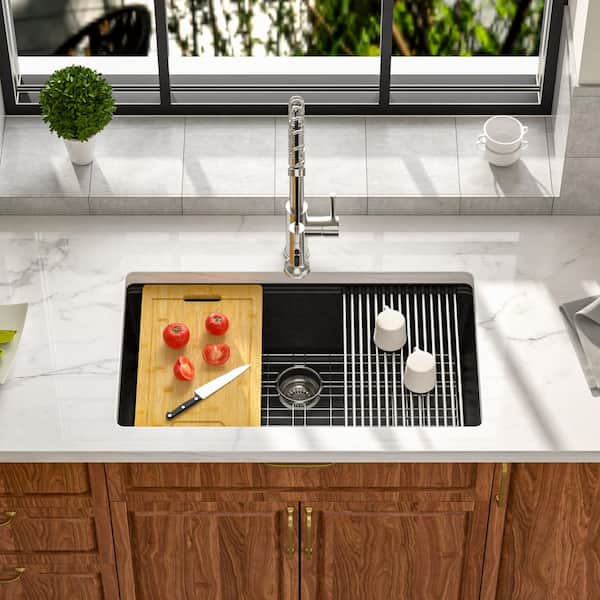 33 in. Undermount Single Bowl Matte Black Granite Composite Workstation Kitchen Sink with Cutting Board