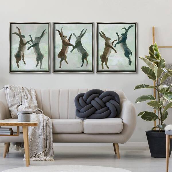 Battling Hares in Neutral Tones by Kay Widdowson 3 Piece Gray Floater Frame Animal Graphic Art Print 31 in. x 25 in.