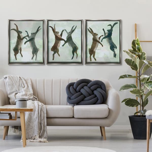 Battling Hares in Neutral Tones by Kay Widdowson 3 Piece Gray Floater Frame Animal Graphic Art Print 31 in. x 25 in.