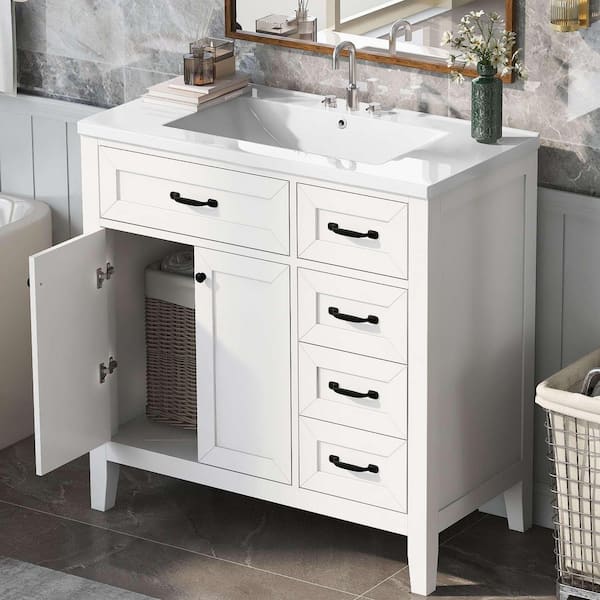 36 in. W Modern Bathroom Vanity in White with Ceramic Sink Top and Drawers and Cabinet