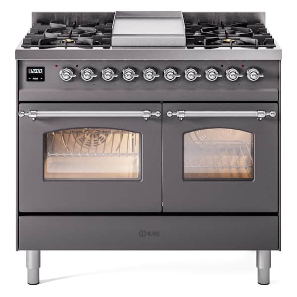 ILVE Nostalgie II 40 in. 6 Burner Freestanding Double Oven Dual Fuel Range in Graphite Matte with Chrome