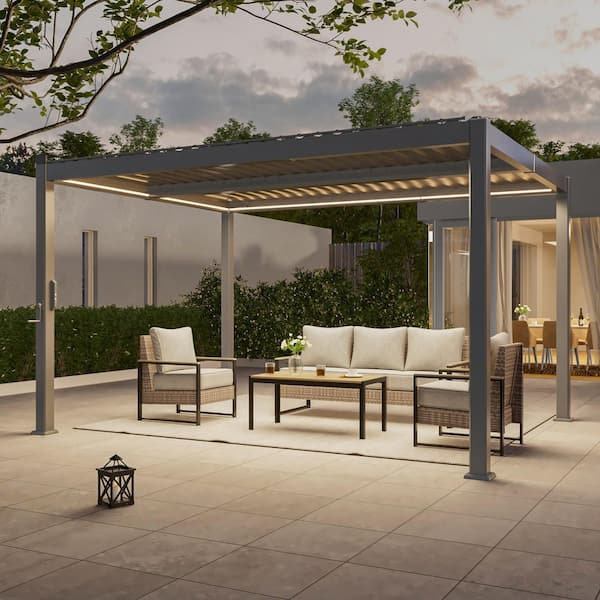 10 ft. x 13 ft. Modern All-Aluminum Pergola with Detachable Control Panel LED and Hand Crank Louvers, Grey