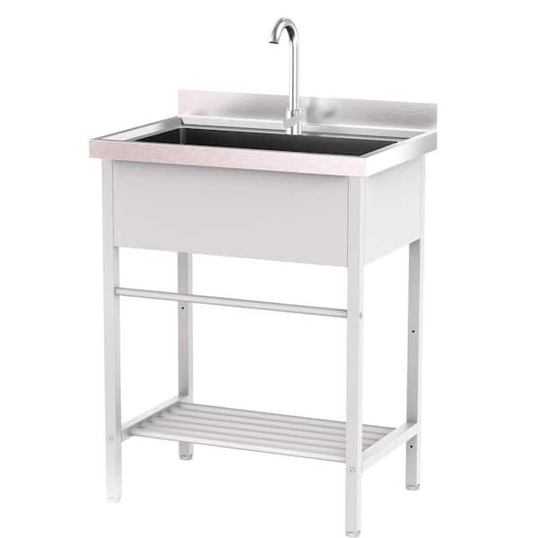 28.3 in. Freestanding Single Basin Stainless Steel Utility Sink Laundry/Utility Sink in White with Shelves