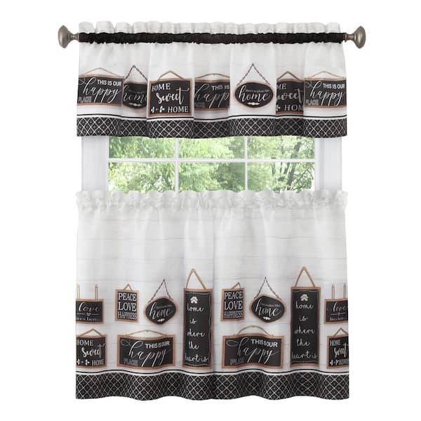 ACHIM Modern Farmhouse Black Polyester Light Filtering Rod Pocket Tier and Valance Curtain Set 58 in. W x 36 in. L