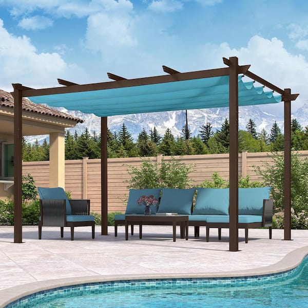 PURPLE LEAF 10 ft. x 13 ft. Bronze Aluminum Frame Outdoor Patio Pergola Gazebo with Blue Retractable Sun Shade Canopy for Porch
