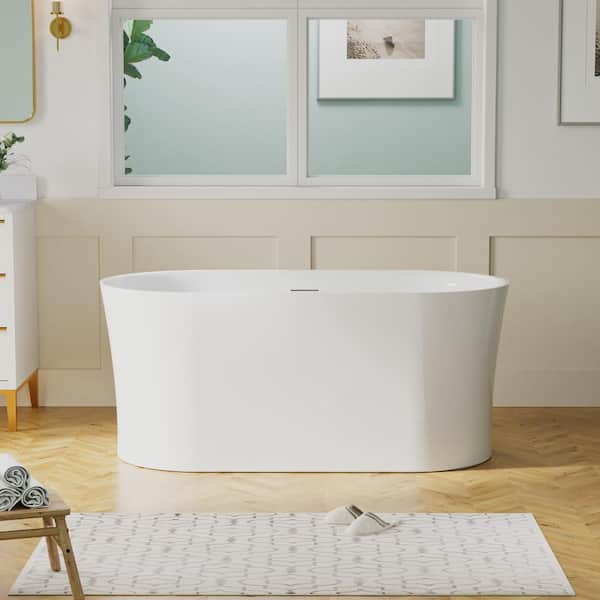 ANGELES HOME 59 in. L x 31 1/2 in. W Pure Acrylic Soaking Bathtub with Center Drain in Glossy White, Pop-up Drain