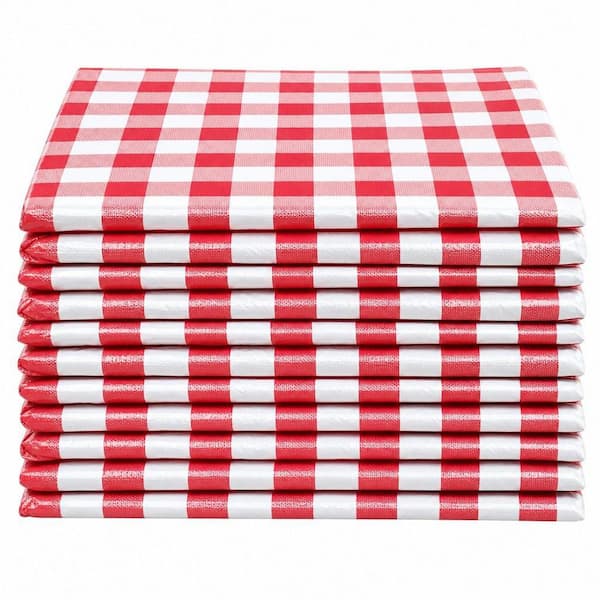 10-Piece 54 x 108 in. Rectangle Sturdy Red Plastic Disposable Table Cloth for Party Flatware Serving Set