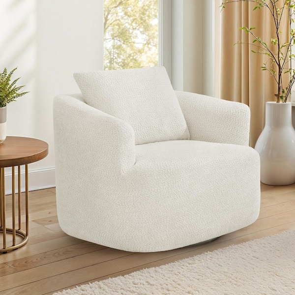 Beige Chenille Fabric 360° Swivel Barrel Armchair U-shaped Swivel Accent Chair with Metal Base