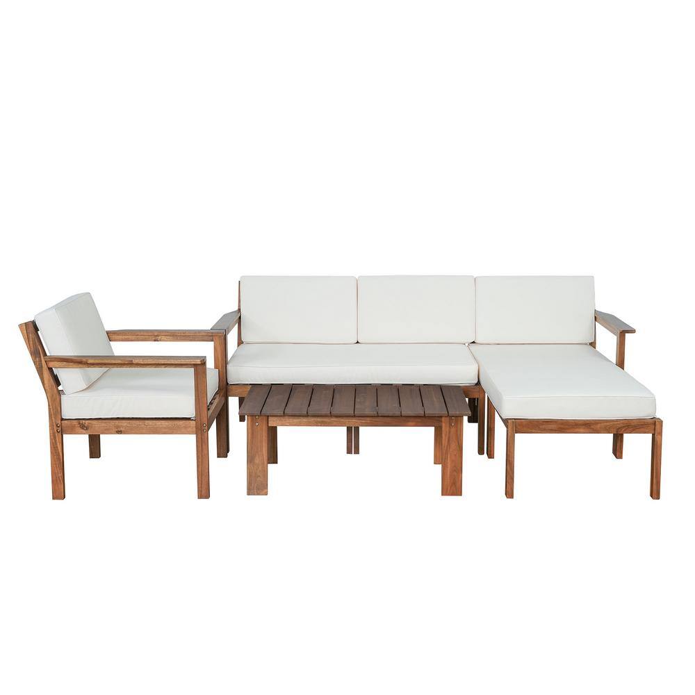 5-Piece Brown Wood Outdoor Seating Set with Beige Cushions