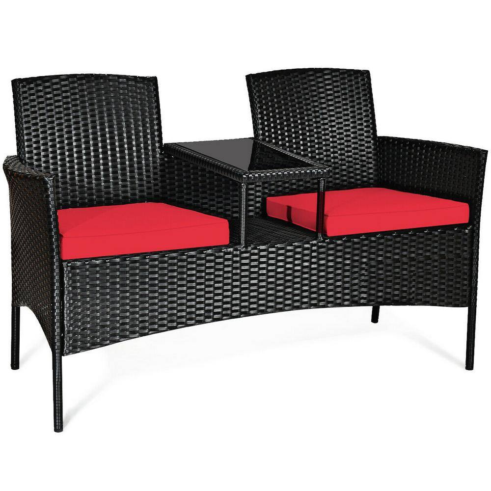 1-Piece Rattan Patio Conversation Set with Red Cushions and Coffee Table
