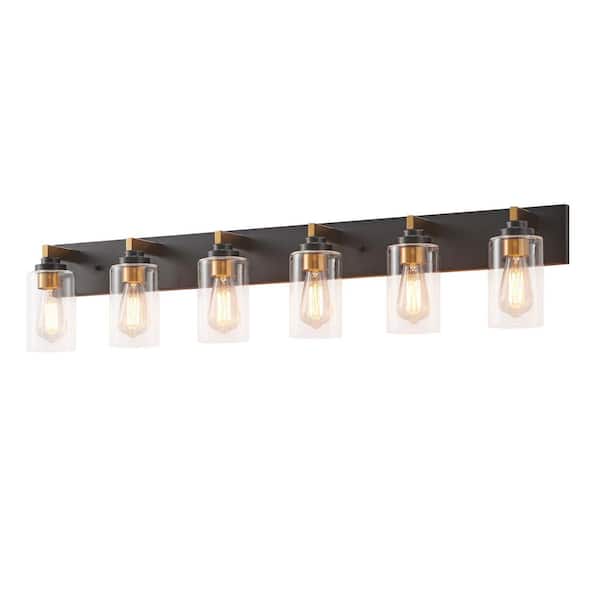 KAWOTI 44 in. 6-Light Black and Gold Vanity Light with Clear Glass Shade