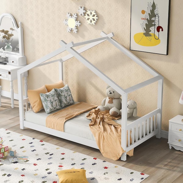 Polibi White Wood Frame Twin Size House Platform Bed with Headboard and Footboard, Roof Design