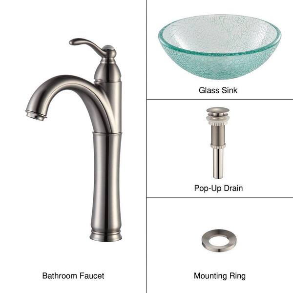 KRAUS Broken Glass Vessel Sink in Clear with Single Hole Single-Handle High-Arc Riviera Faucet in Satin Nickel