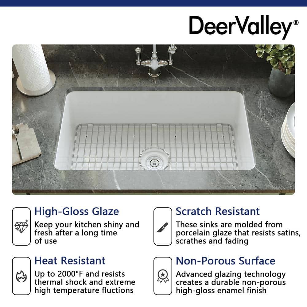 White Fireclay 32" Single Bowl Undermount Kitchen Sink