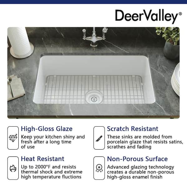 DEERVALLEY Glen White Rectangular Fireclay 32 in. Single Bowl  Undermount/Drop-In Kitchen Sink with Basket Strainer and Sink Grid DV-1K513  - The Home Depot