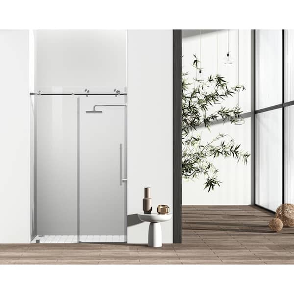 Unbranded Simply Living 48 in. W x 76 in. H Frameless Sliding Shower Door in Brushed Nickel with Clear Glass