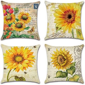 18 in. x 18 in. Outdoor Decorative Throw Pillow Covers Sunflower Pattern Waterproof Cushion Covers (Set of 4)