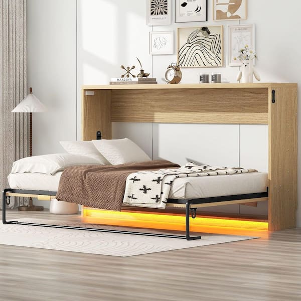 Enoch Brown Wood Frame Twin XL Size Murphy Bed with LED Light, Fluted Design, Natural