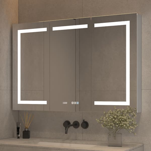 WELLFOR 48 in. W x 32 in. H Rectangular Silver Aluminum Recessed/Surface Mount Medicine Cabinet with Mirror LED and Clock