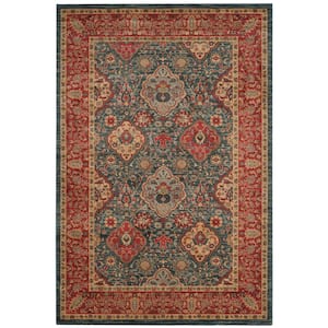 Mahal Navy/Red 5 ft. x 8 ft. Floral Border Area Rug