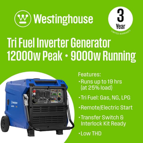 12,000-Watt Remote Electric Start Tri Fuel Gas, Propane, Natural Gas Powered Inverter Generator with CO Sensor