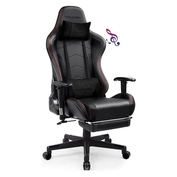 Lucklife Black Gaming Chair with Footrest, Bluetooth Speakers Ergonomic High Back Music Video Game Chair Leather Desk Chair