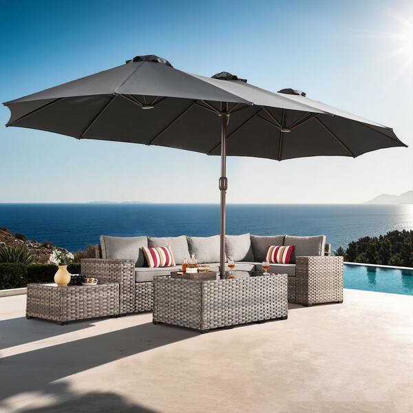 Alpine C 15 ft. Outdoor Double-Sided Market Patio Umbrella, UV Protection with Base in Dark Gray